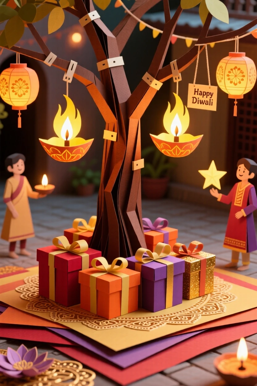 A glowing Diwali courtyard bustling with festive cheer, with gifts wrapped neatly beneath a tree, capturing the spirit of gratitude and joy.