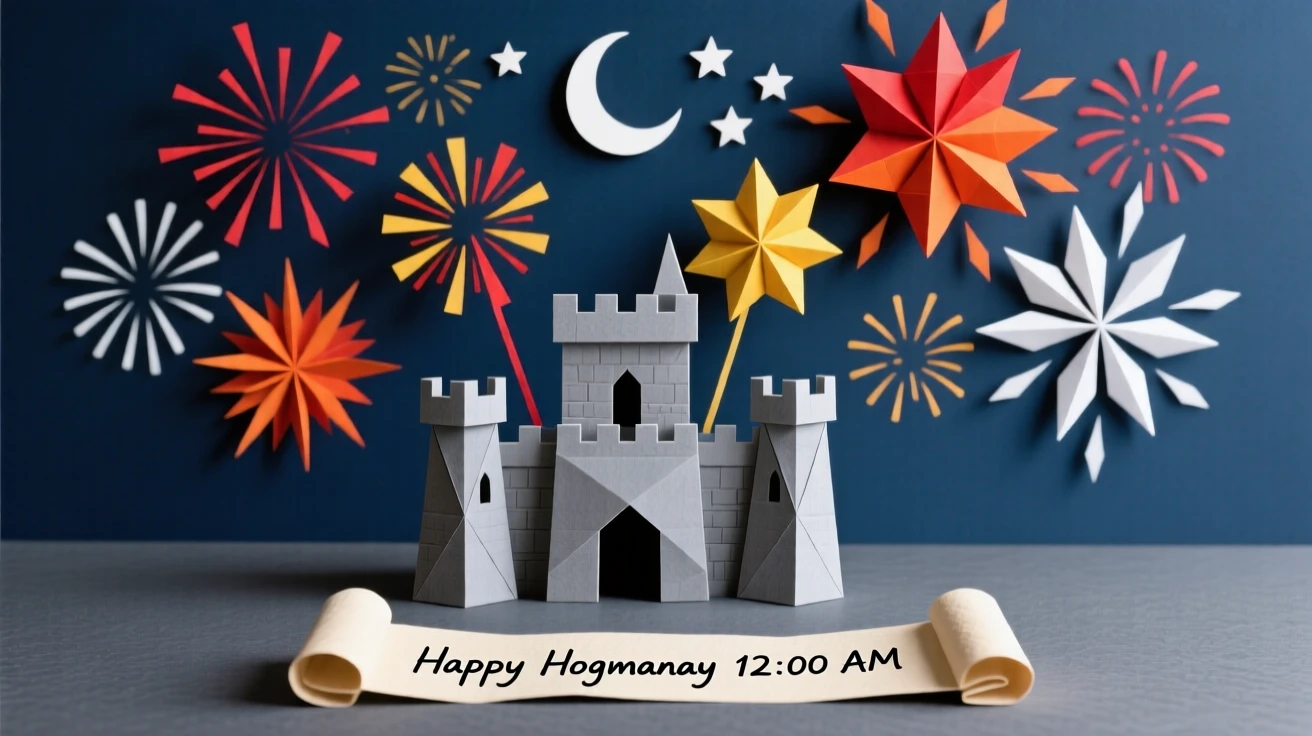 A Scottish Hogmanay celebration with fireworks over a castle at midnight.