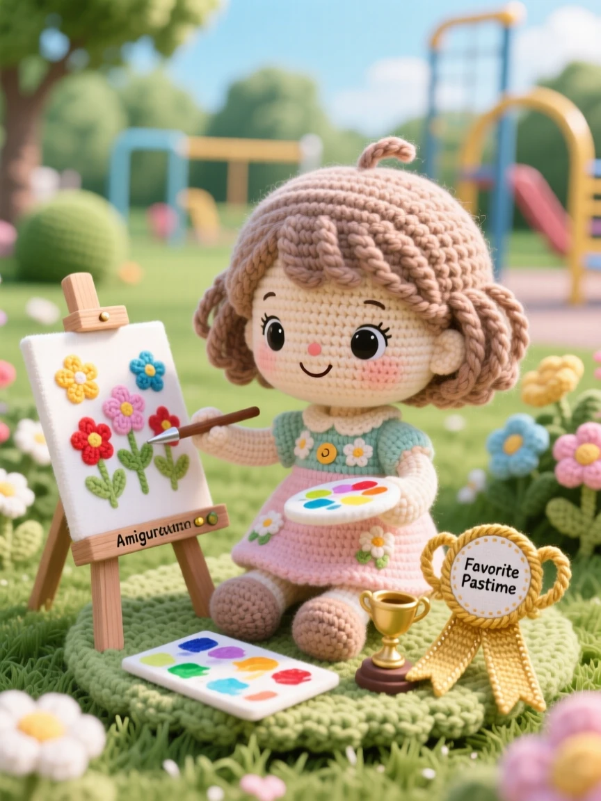 a little girl practicing water coloring outdoors, with an easel in a garden, is captured painting a scene of blooming flowers in a community playground on a clear day beside a small trophy or ribbon nearby, showing the simple happiness of a favorite pastime.