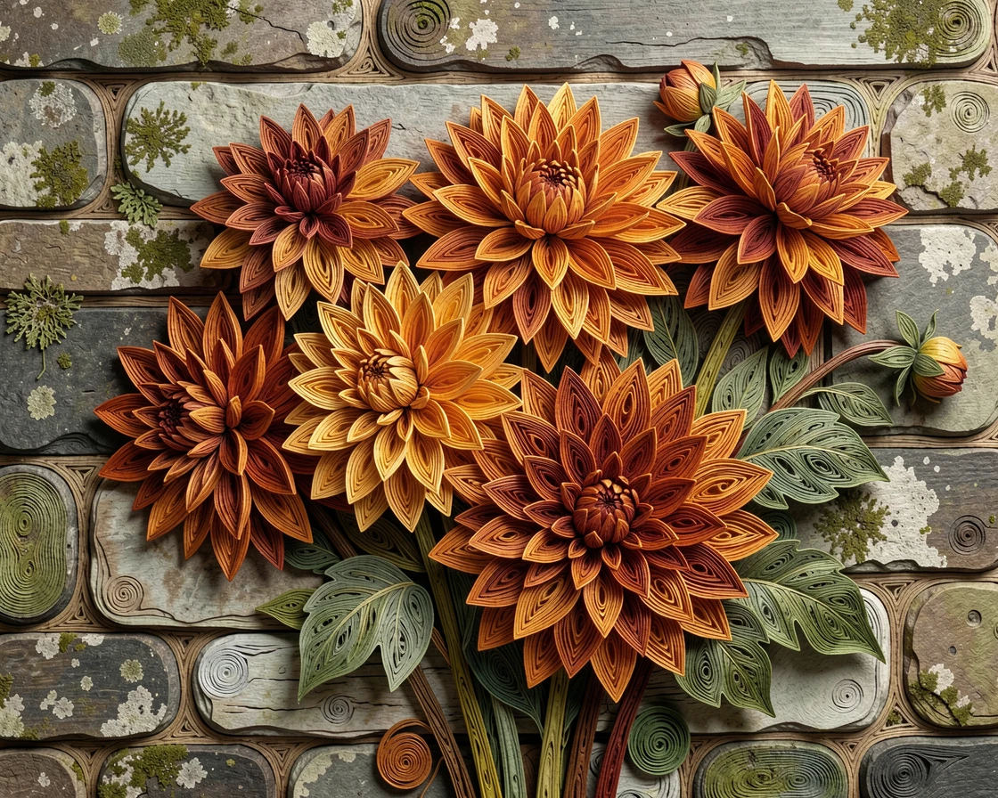 A serene botanical study of a bouquet of dahlias in layered rich colors beside a weathered stone garden wall, in warm autumn hues of amber and rust, arranged asymmetrically for a natural, organic feel.