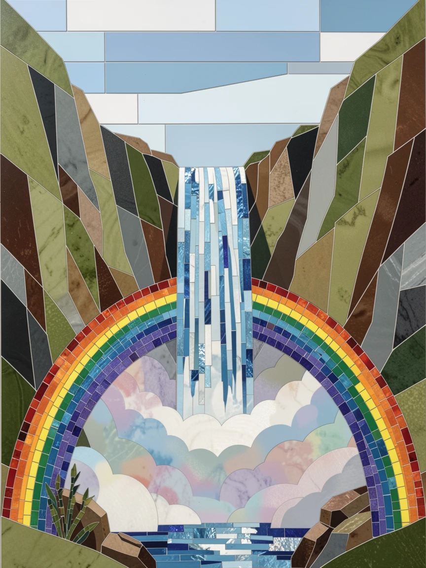 A majestic waterfall plunging into a rainbow-filled misty gorge.