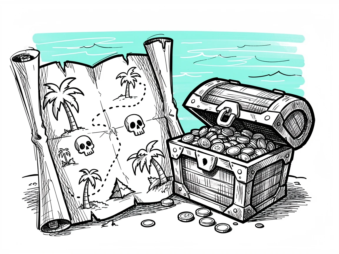 A pirate map spread out beside a treasure chest overlooking a calm turquoise bay.