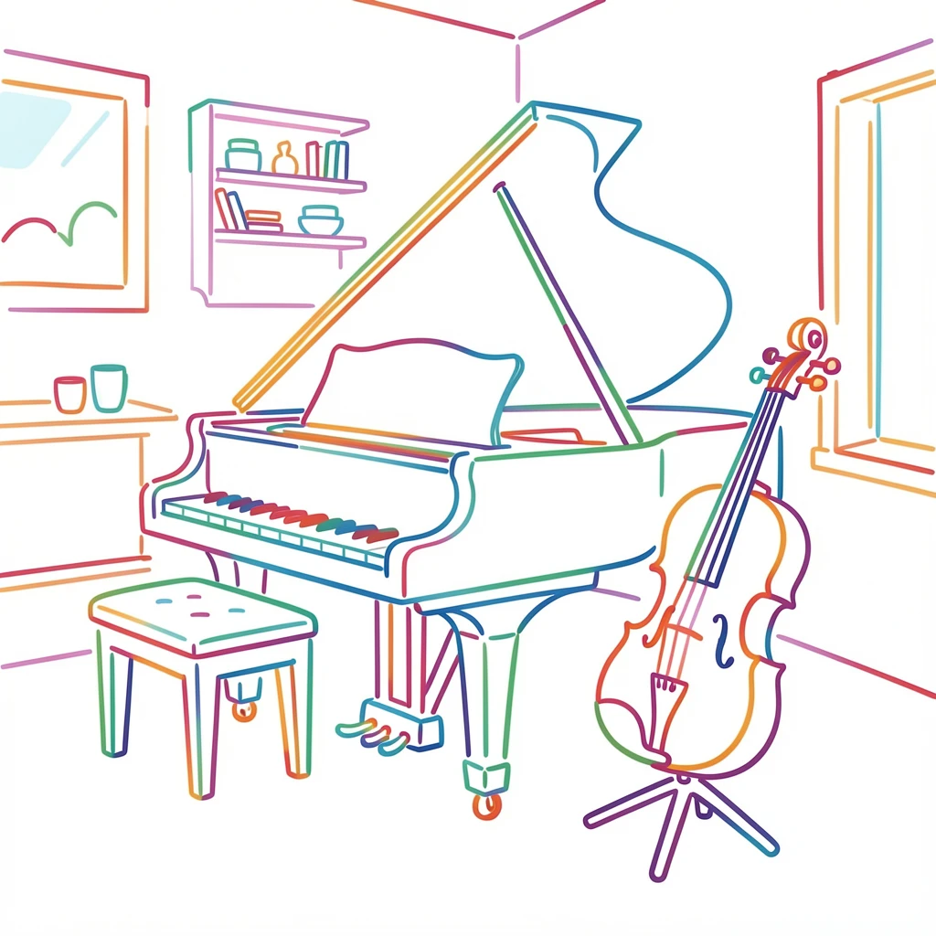 A quiet music room with a grand piano and violin resting on a stand.