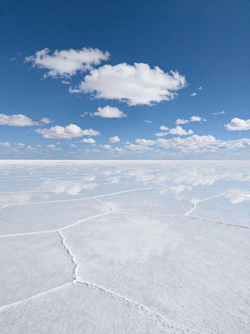 A Bolivian salt flat mirroring the sky to infinity