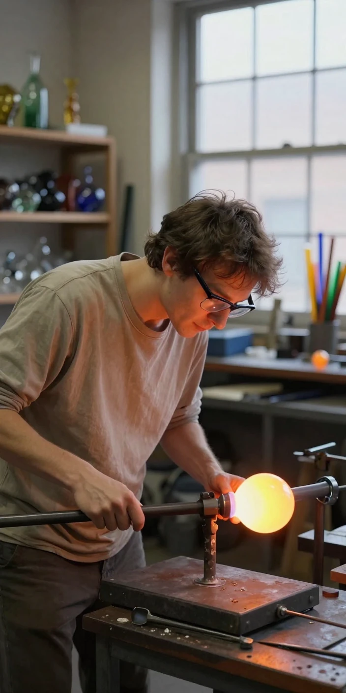 A glassblower shapes a glowing orb of molten glass at the end of a long pipe.