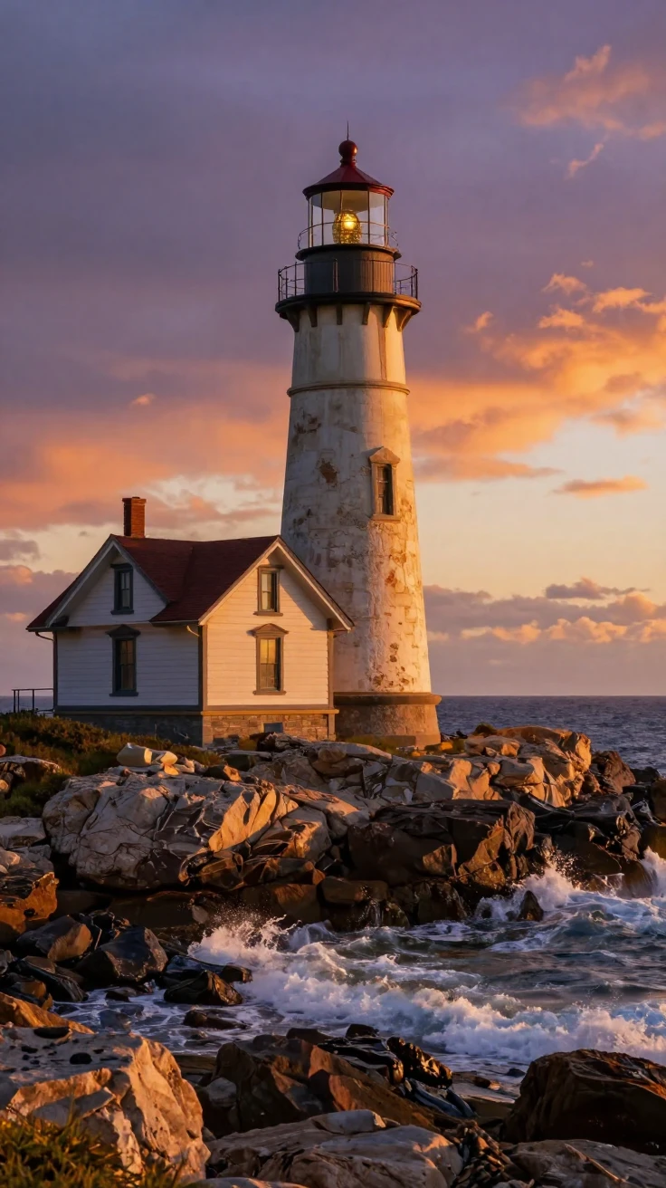 A converted lighthouse home standing alone on a rocky coastal outcrop