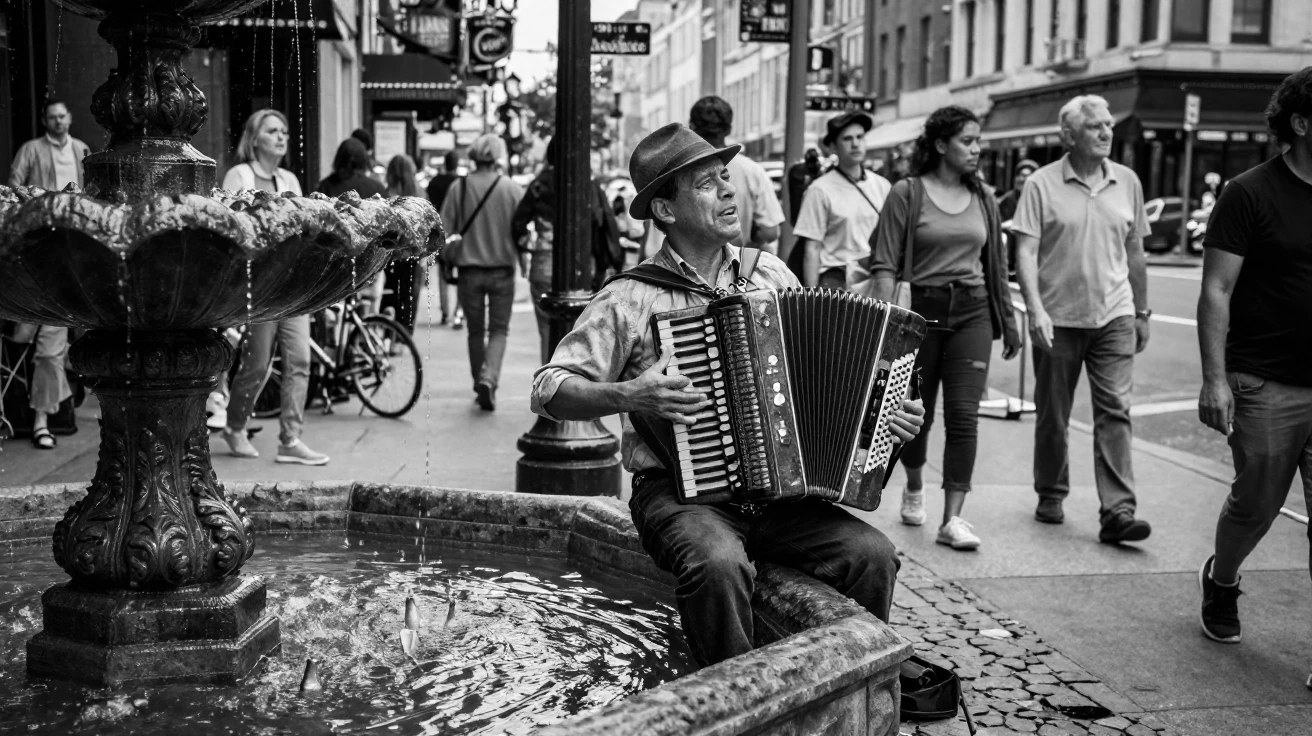 A busker plays an accordion for passing crowds beside an old fountain.
