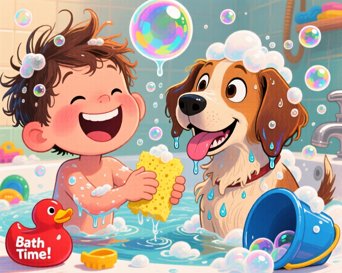 A little boy giving his loyal dog a bubble bath, both soaked and grinning.