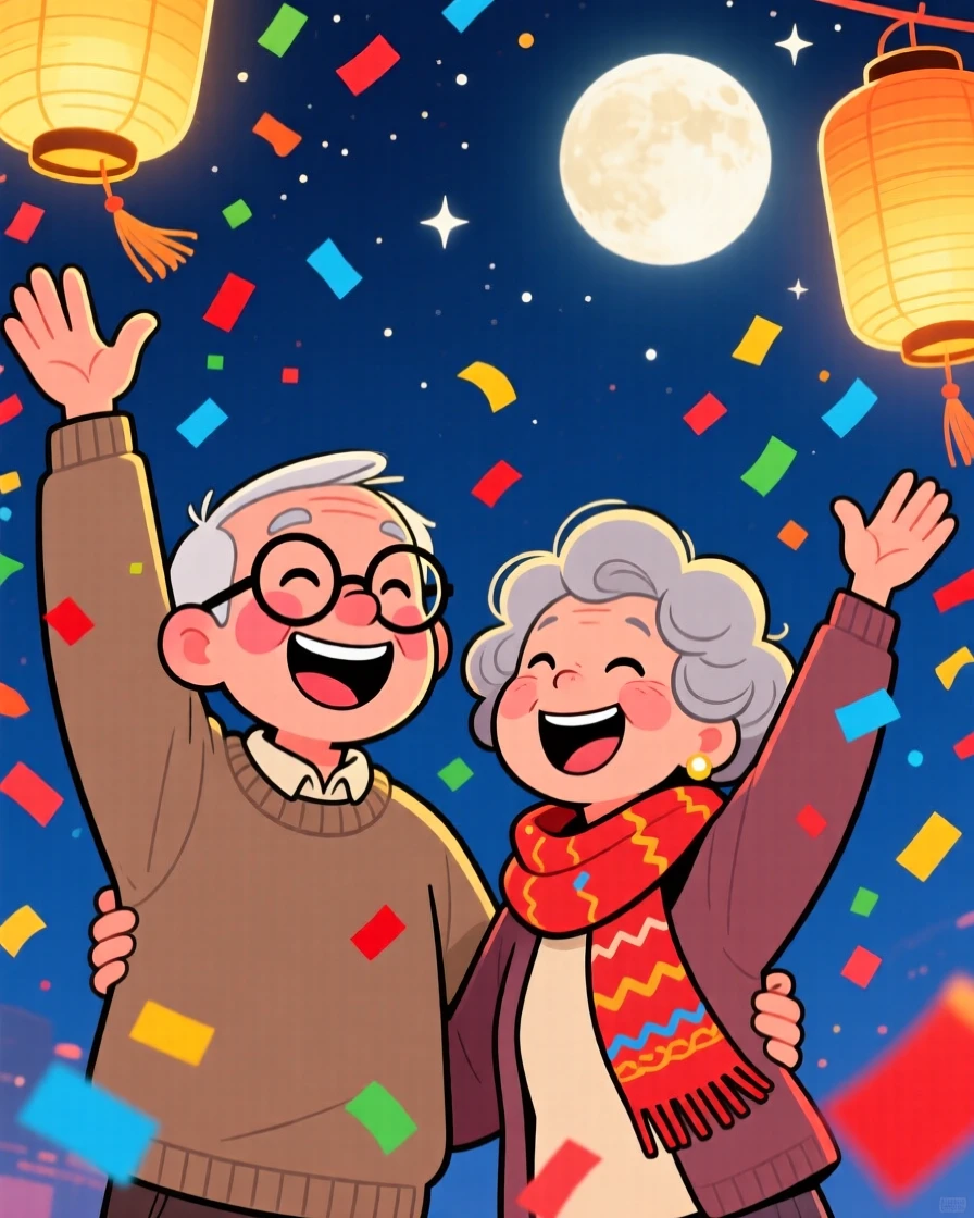 A festive celebration scene of an elderly couple throwing confetti in the air at midnight, with warm lanterns glowing softly nearby.