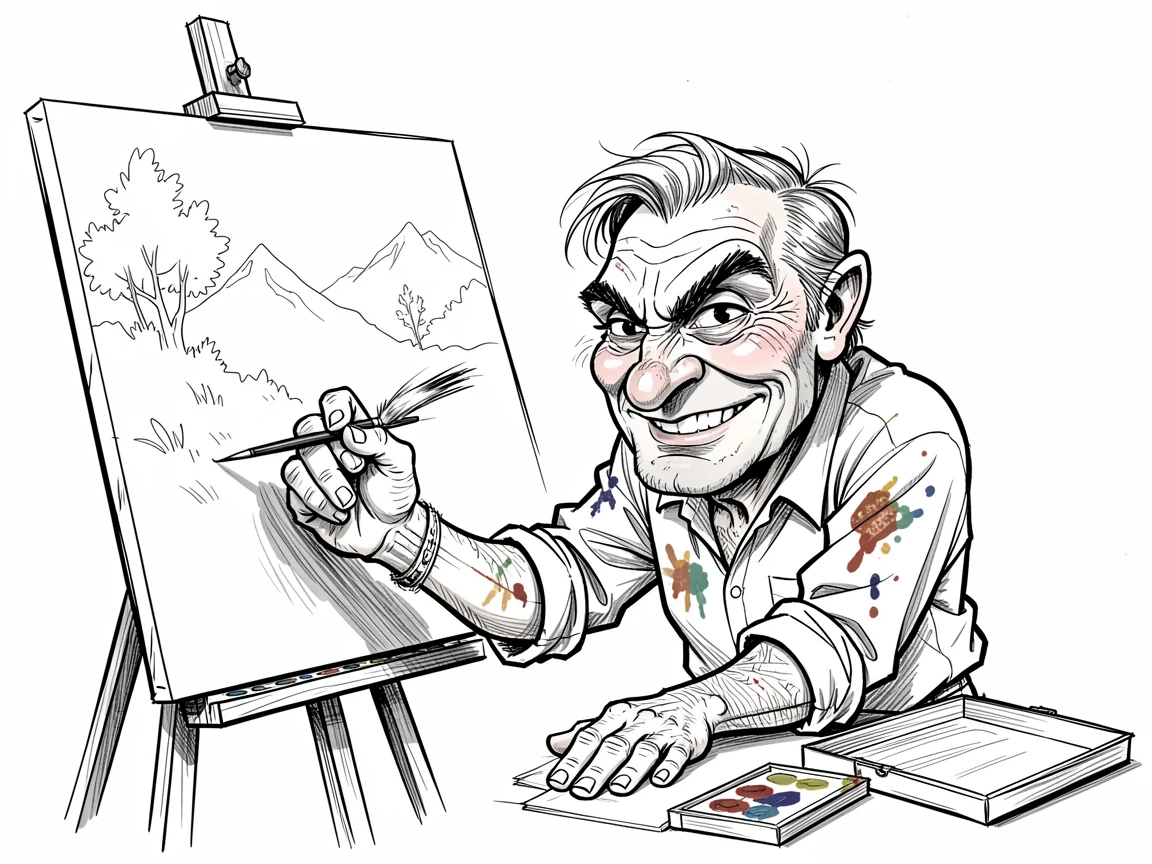 [Occupations & Hobbies] Detailed scene of a seasoned landscape painter demonstrating a signature technique, showcasing skill and dedication