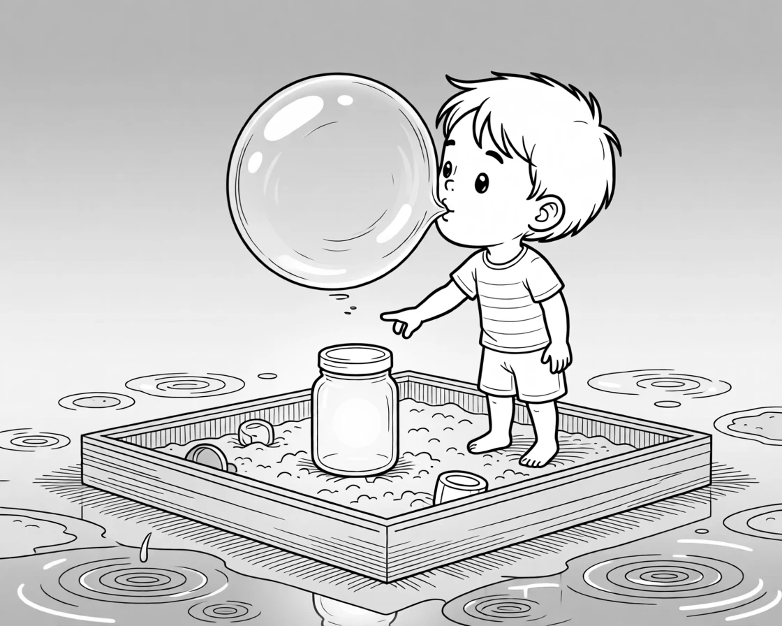 A child blowing the biggest bubblegum bubble yet, reaching a tentative finger toward the glowing jar, set in a sandy backyard sandbox. Rain puddles reflect a a bright blue sky. It's a burst of pure, unfiltered childhood joy.