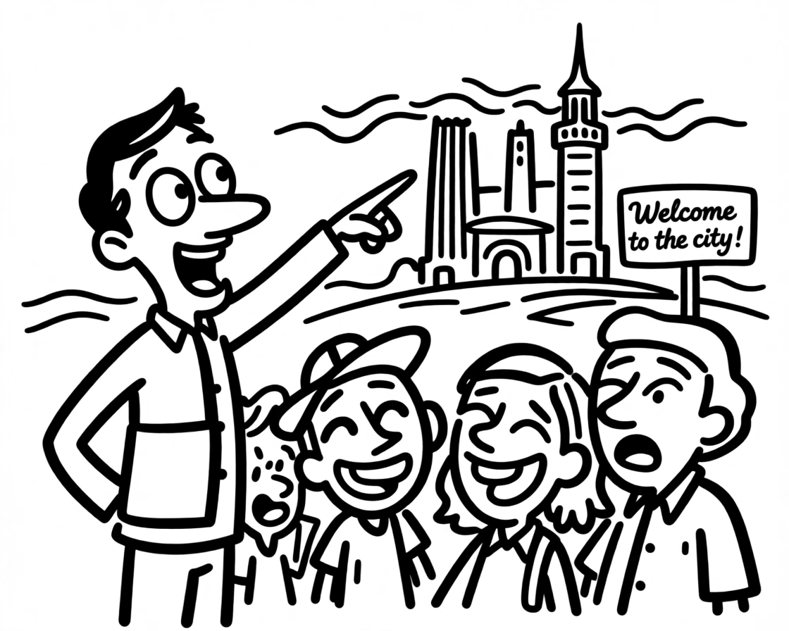 A tour guide animatedly pointing out a landmark to a delighted group of tourists.