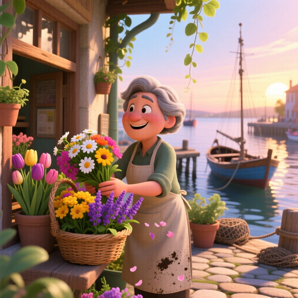 A shopkeeper arranging fresh flowers in a window display is captured at a small fishing harbor at dawn, with a light breeze stirring nearby leaves. A simple contentment radiates through the scene.