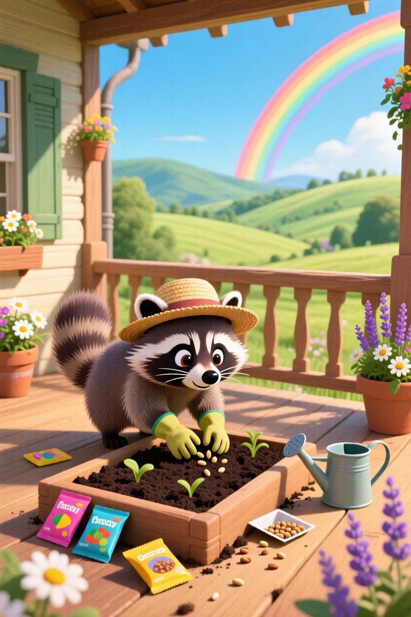 In a cottage porch, a mischievous raccoon spends the afternoon planting seeds in a garden bed, with a rainbow arching in the distance.