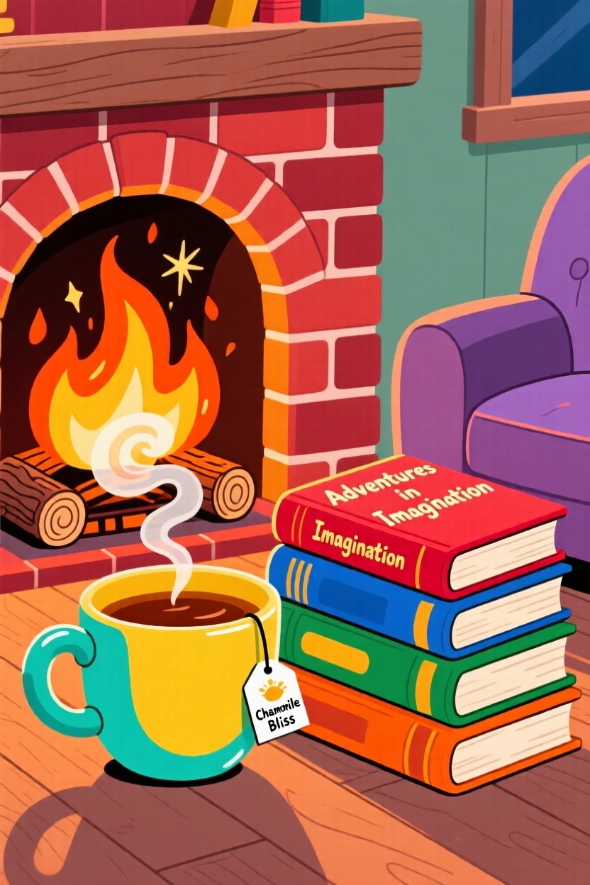 A cup of tea and a stack of books beside a crackling fireplace.