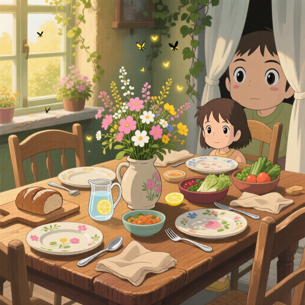 A warm, inviting scene of a rustic dinner table set for a family gathering, with fresh flowers arranged nearby.