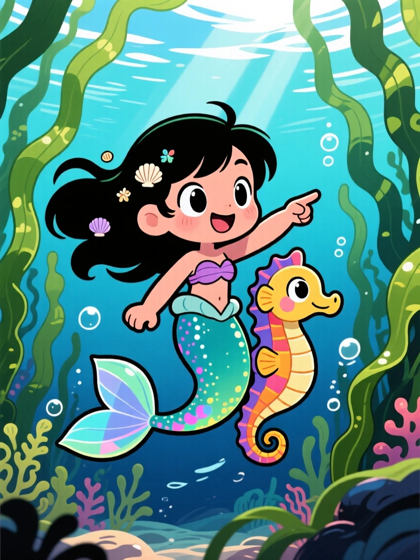 A young mermaid riding a seahorse through swaying kelp in an underwater kelp forest under a clear summer sky; dappled sunlight through a canopy washes over the scene as brave confidence fills the moment. Silhouette composition.