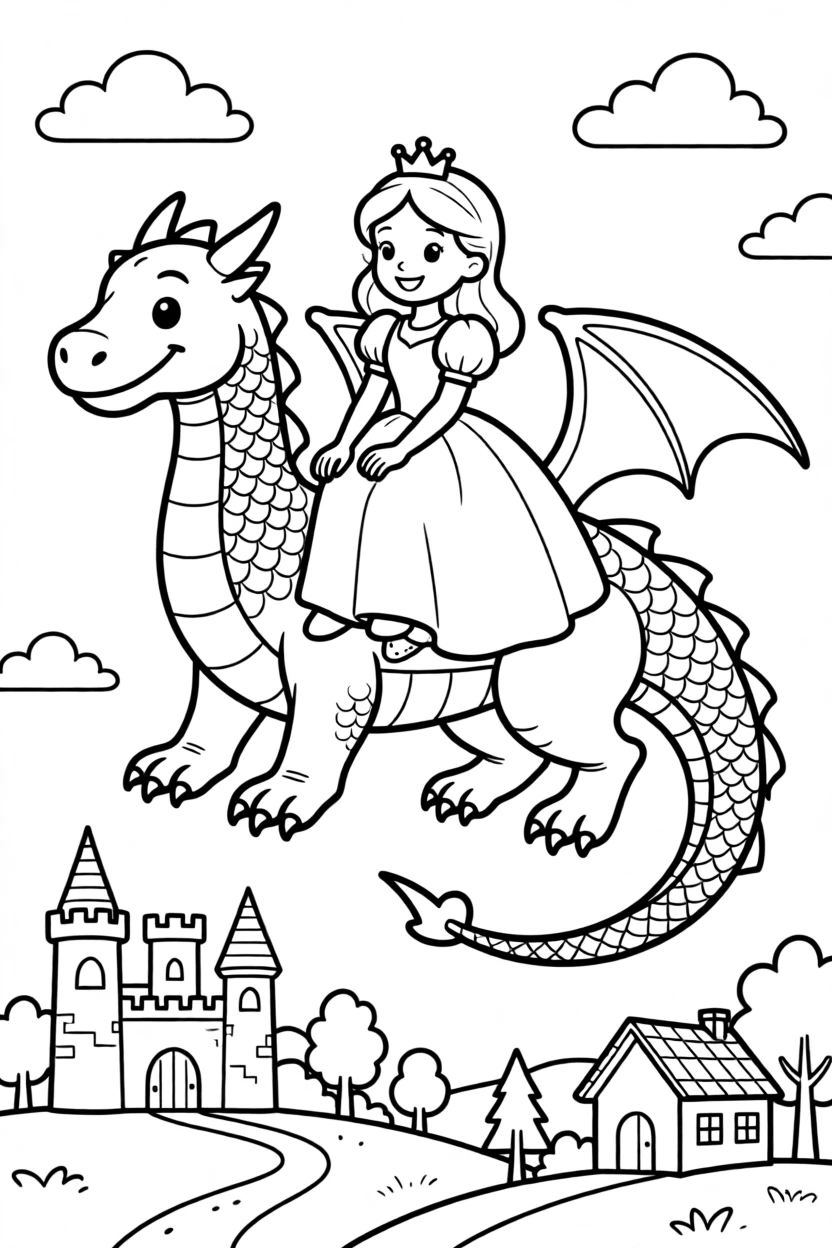 A princess riding a friendly dragon over her kingdom