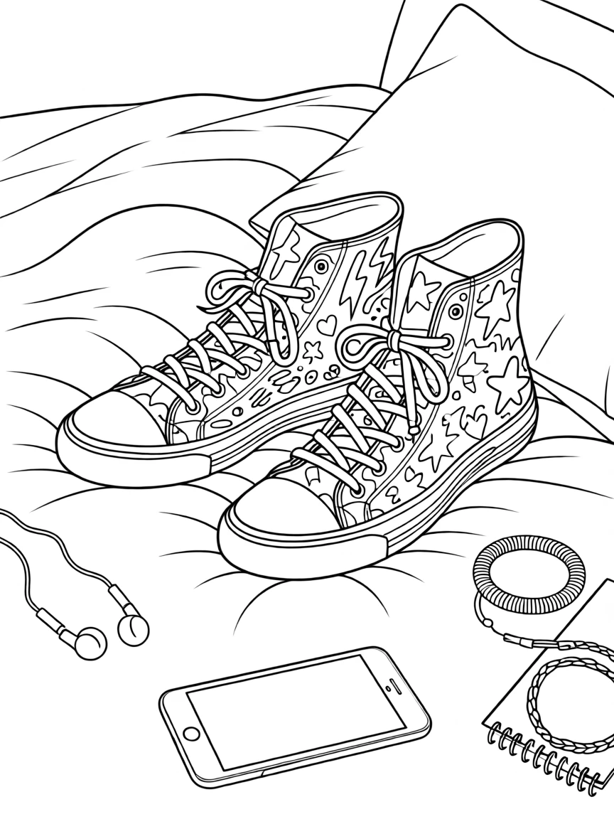 A pair of high-top sneakers with custom doodle designs, laid out on a bed surrounded by scattered accessories.