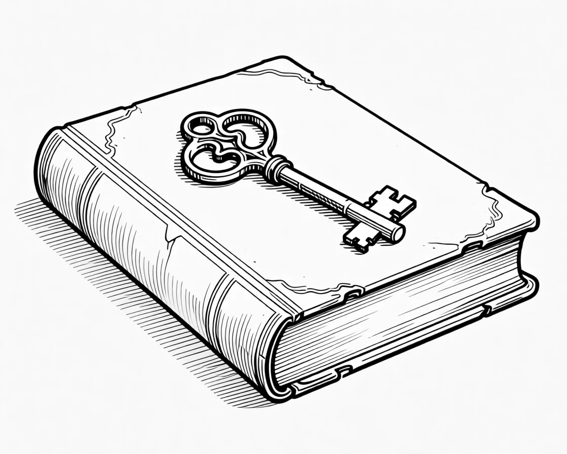 A key resting on an old book symbolizing knowledge