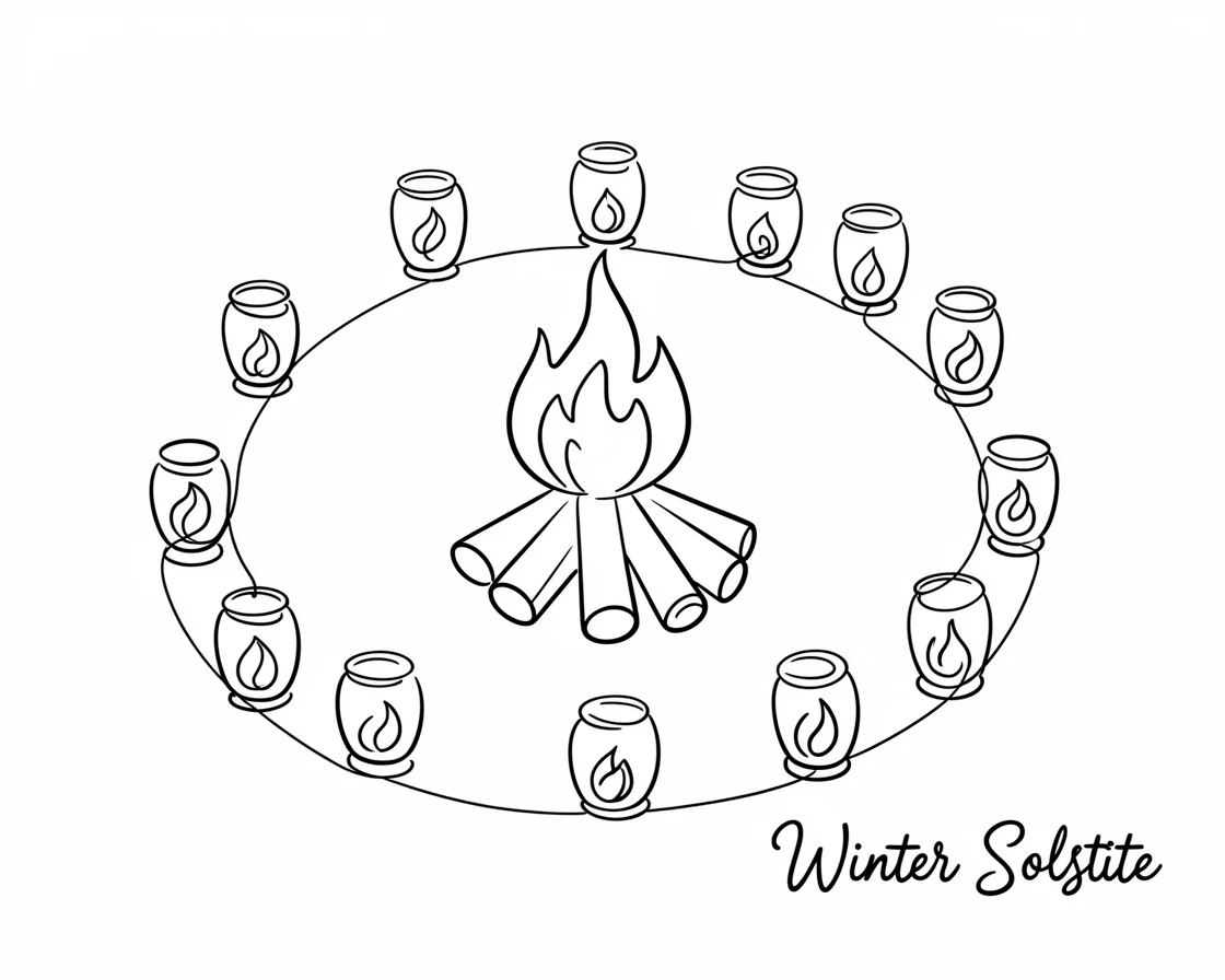 A winter solstice bonfire surrounded by a circle of lanterns