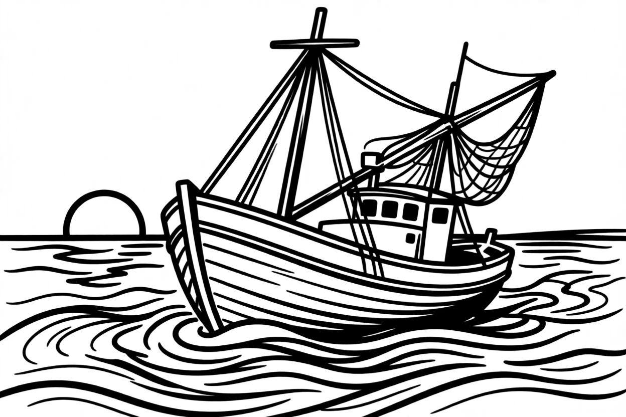 A classic wooden fishing boat returning to harbor at sunrise.