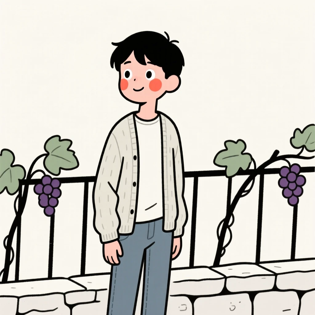 A teenage boy of Italian heritage in a soft cardigan and jeans, full of curious wonder, on a vineyard terrace.