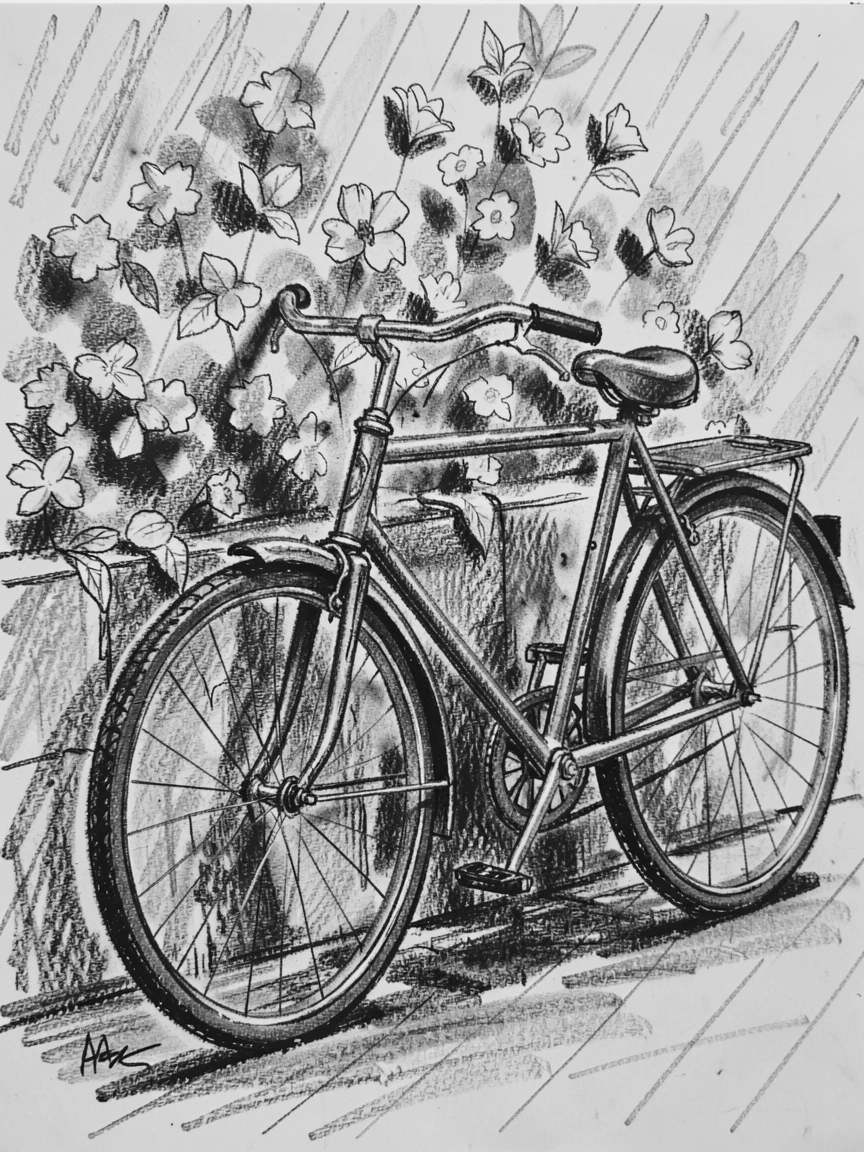 A vintage bicycle leaning against a flower-covered wall, as gentle rain patters down around them.