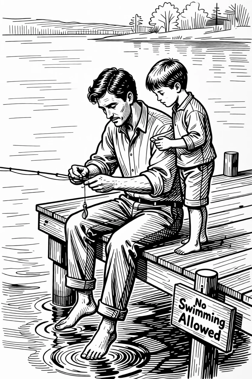 A man teaching his son to tie a fishing lure at a lakeside dock.