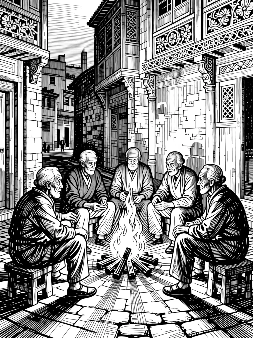 A group of elders sharing stories around a fire amid the quiet hum of a bustling old city, with ornate carvings adorning nearby structures, portrayed in a warmly communal historical scene.