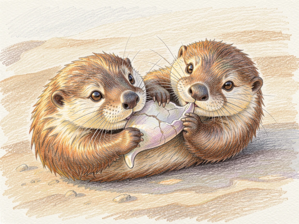 A curious sea otter cracking open a shell on its stomach, bathed in the warm glow of golden-hour light, full of charm, emotion, and visual delight.