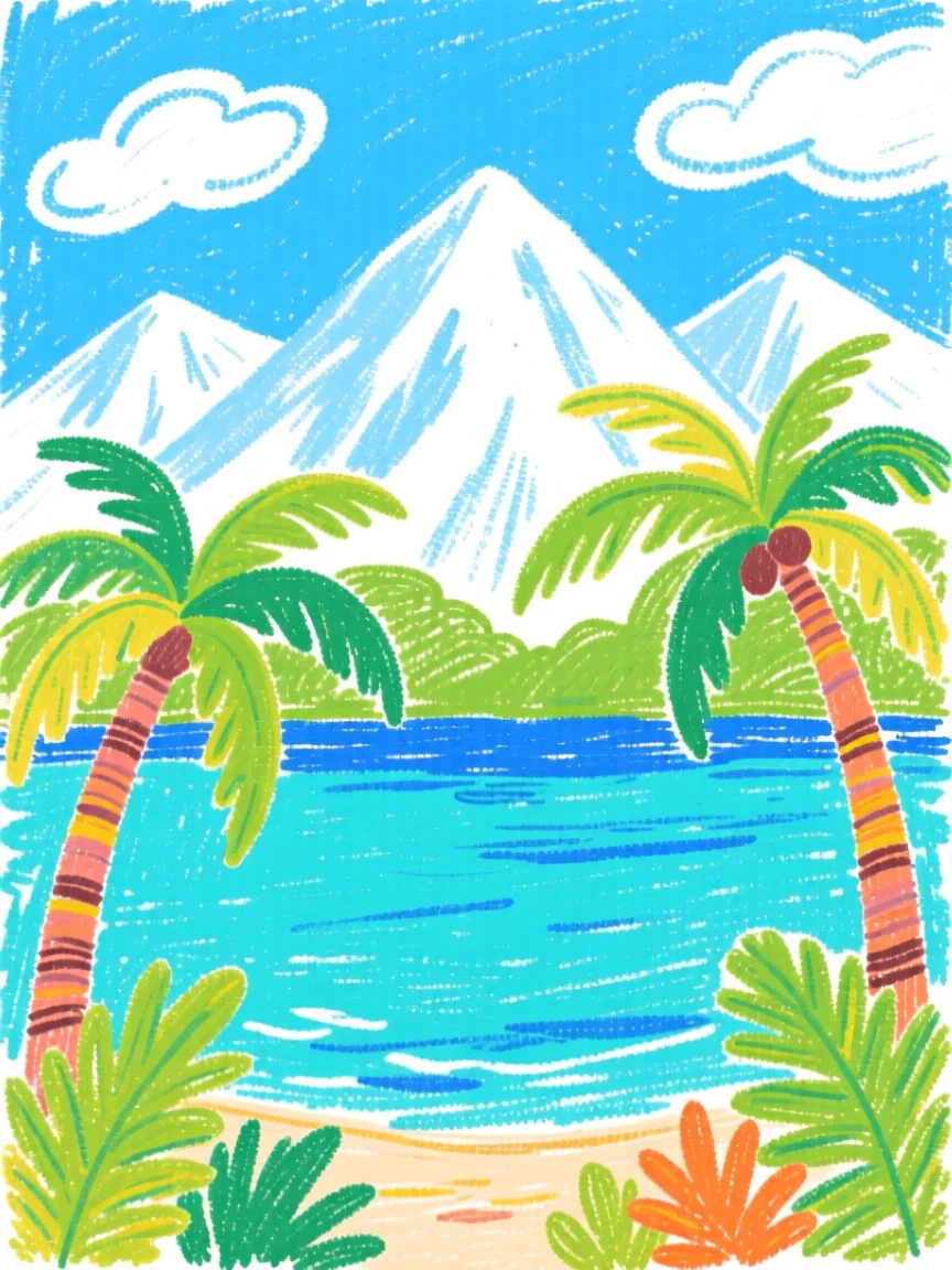 A view of a tropical lagoon framed by distant snow capped mountains.