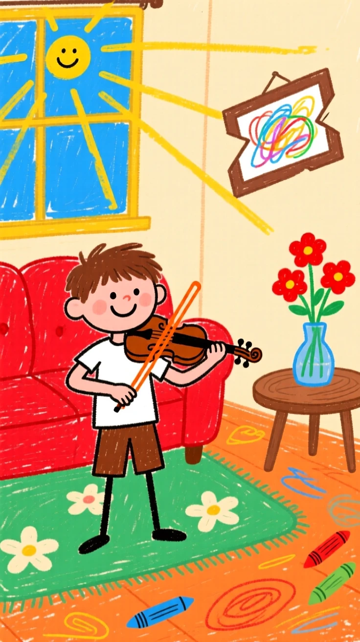 A boy playing violin in a cozy living room.