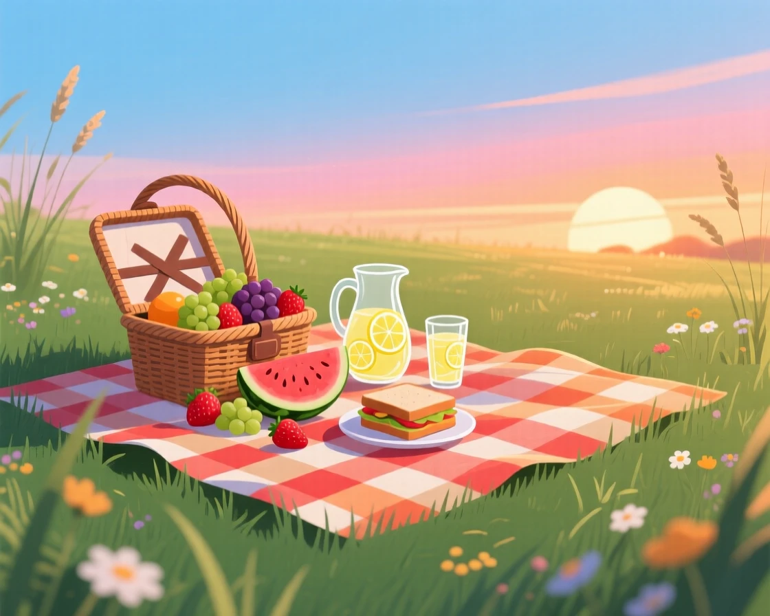 A summer sunset picnic with a blanket spread across the grass, set against a crisp, clear seasonal sky, framed with soft atmospheric depth fitting the season, with a fresh, crisp atmosphere throughout.