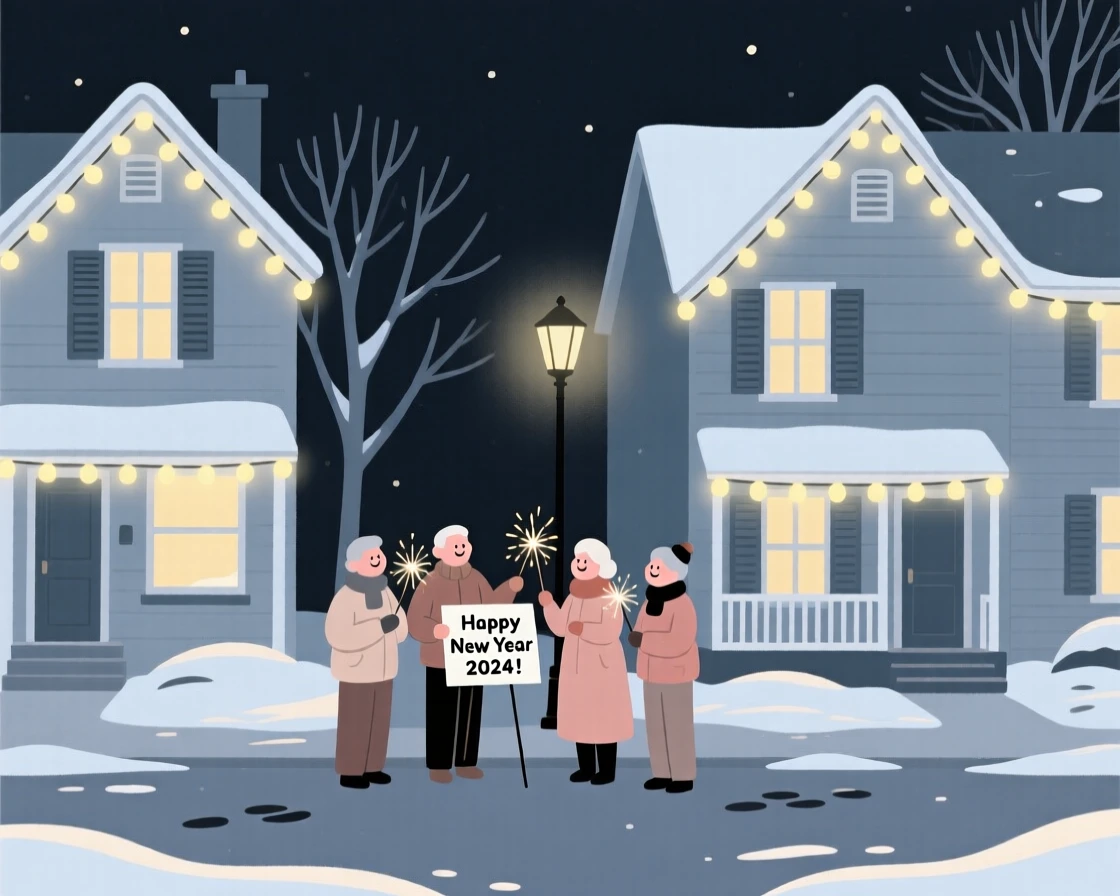 A New Year celebration with glowing lights filling a cozy neighborhood.
