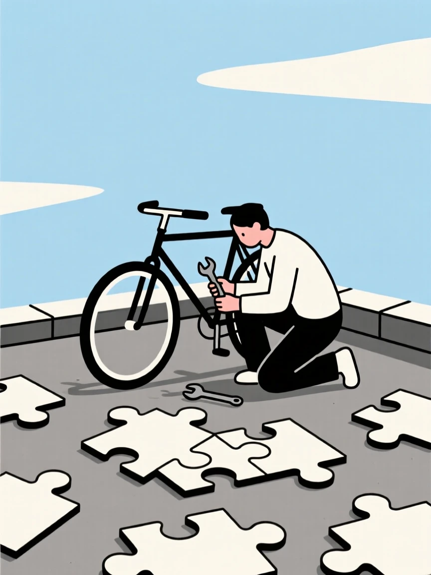 A person repairing a bicycle in a rooftop under open sky, surrounded by a half-finished puzzle, showing mindful patience.