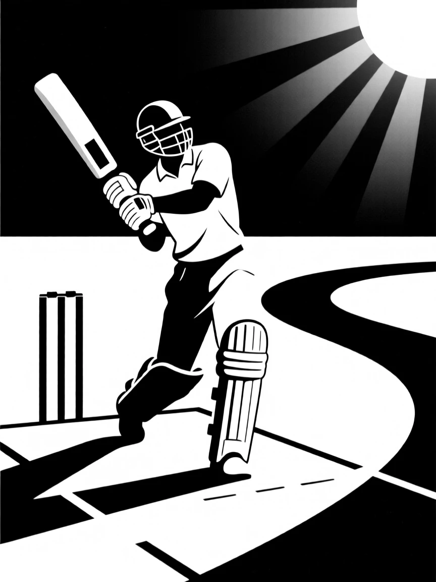 A cricket player batting on a sunny pitch.