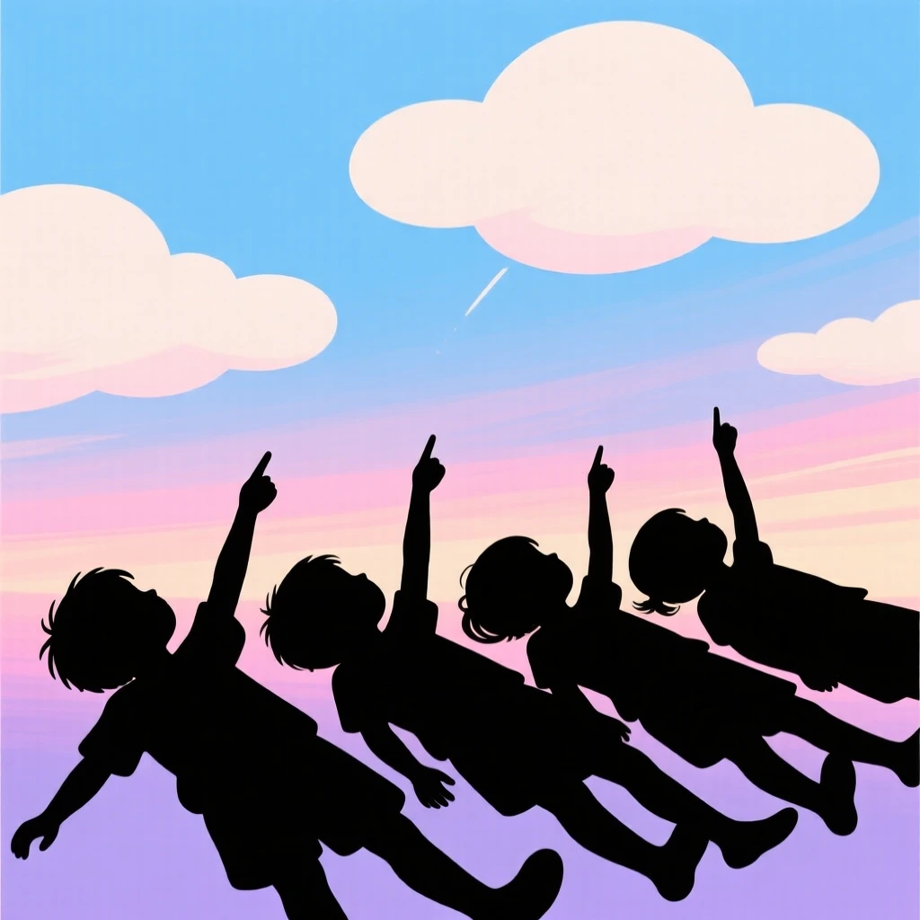 A group of children lying on their backs, pointing out shapes in the clouds.