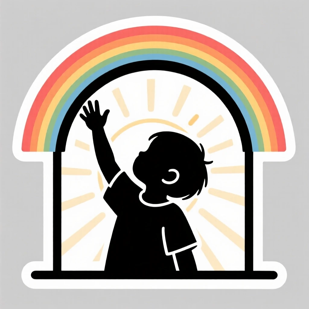 A softly triumphant scene of a child reaching up to touch a rainbow, framed by soft rays of morning sun, celebrating the beauty of small victories.