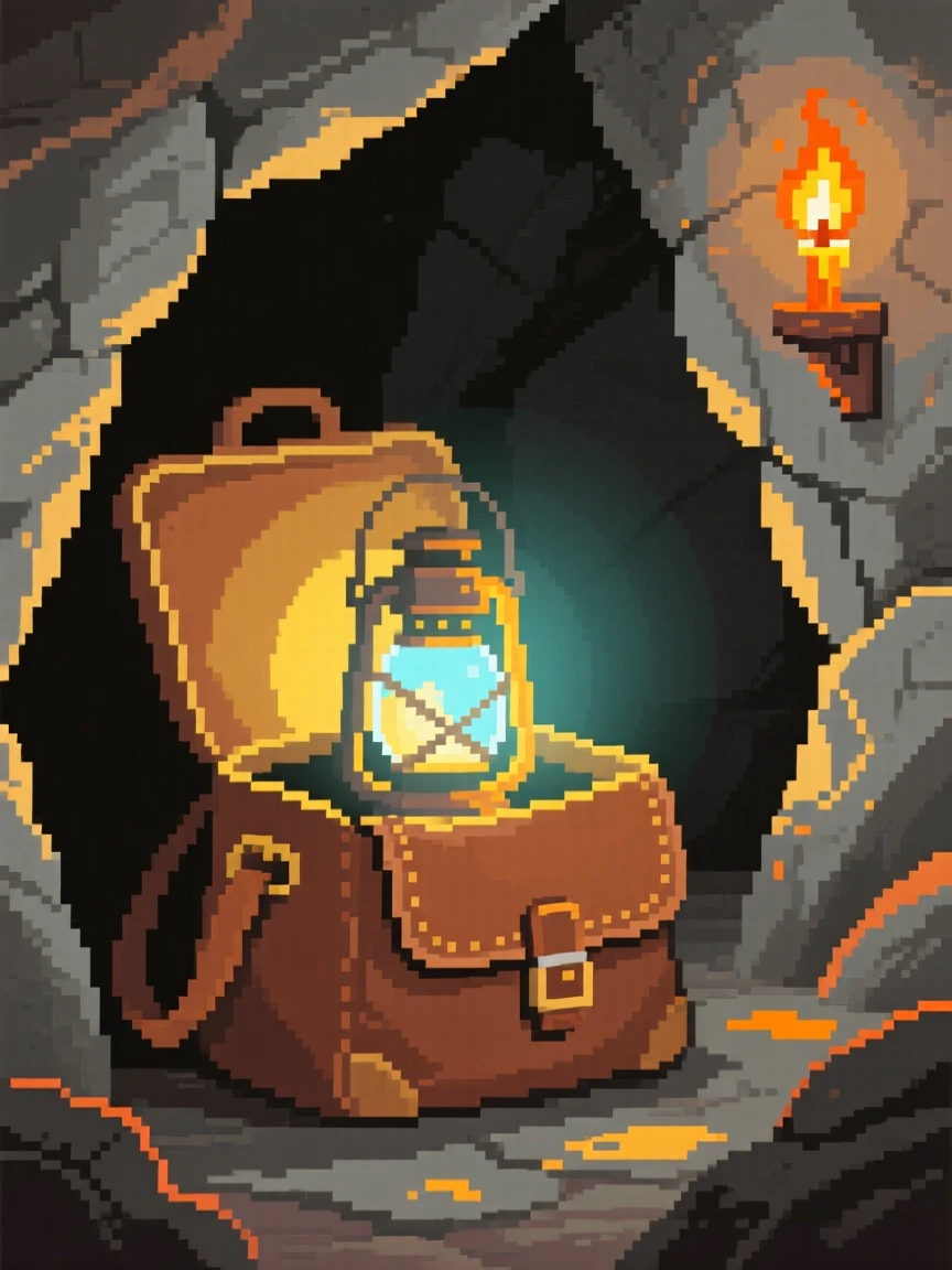 A glowing magic lantern tucked inside an adventurer's travel bag, within a cave lit by torchlight.