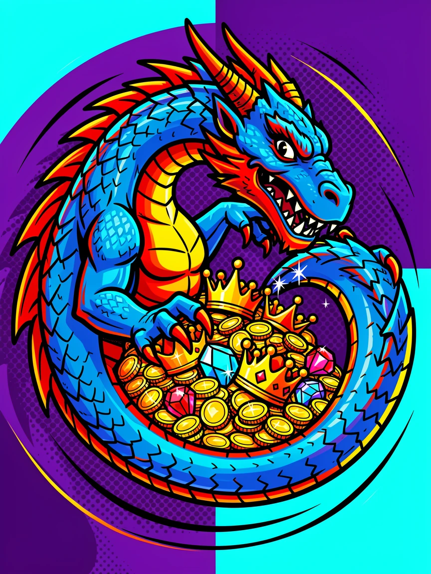 A dragon curled protectively around a hoard of treasure