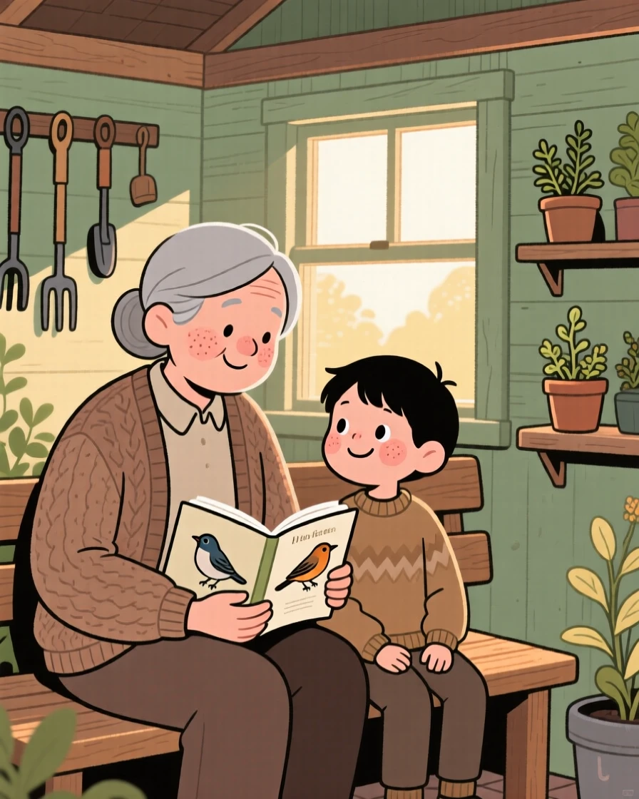 A grandparent shows a young grandchild how to identify birds by their calls in the garden shed, both taking their time as the afternoon sun warms their shoulders.