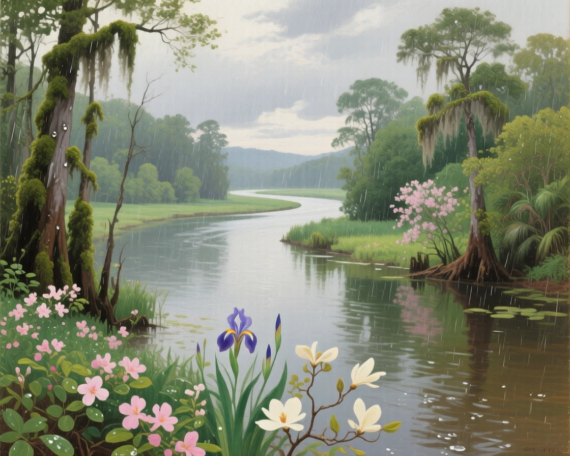 A wide establishing shot of a winding river cutting through a lush green valley, in the Louisiana bayou, as spring blossoms open, during a gentle spring shower.