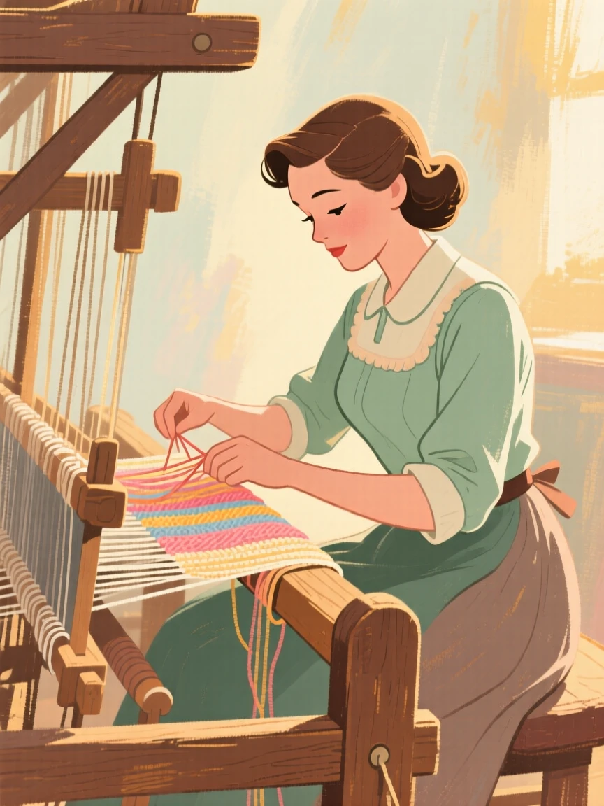 A weaver working threads through an old wooden loom