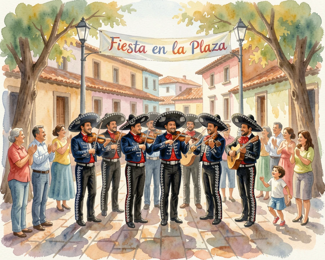 A Mexican mariachi band performing in a town square as the community gathers together in celebration.