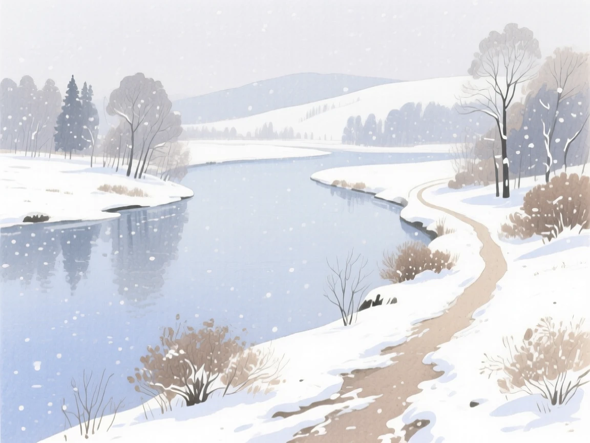 A breathtaking view of a quiet river bend during a gentle snowfall, with a narrow path winding through