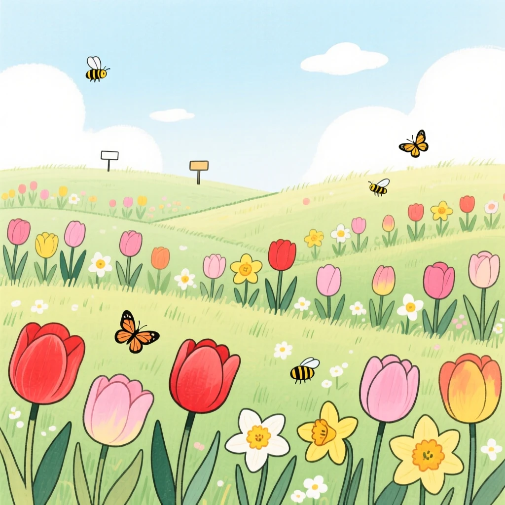 A spring meadow bursting with blooming tulips and daffodils, filled with seasonal charm.