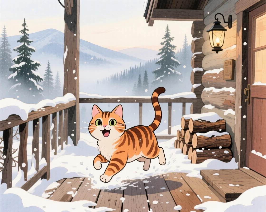 A tabby cat romping through freshly fallen snow, set in a mountain cabin porch overlooking misty pines, showing unconditional love and loyalty.