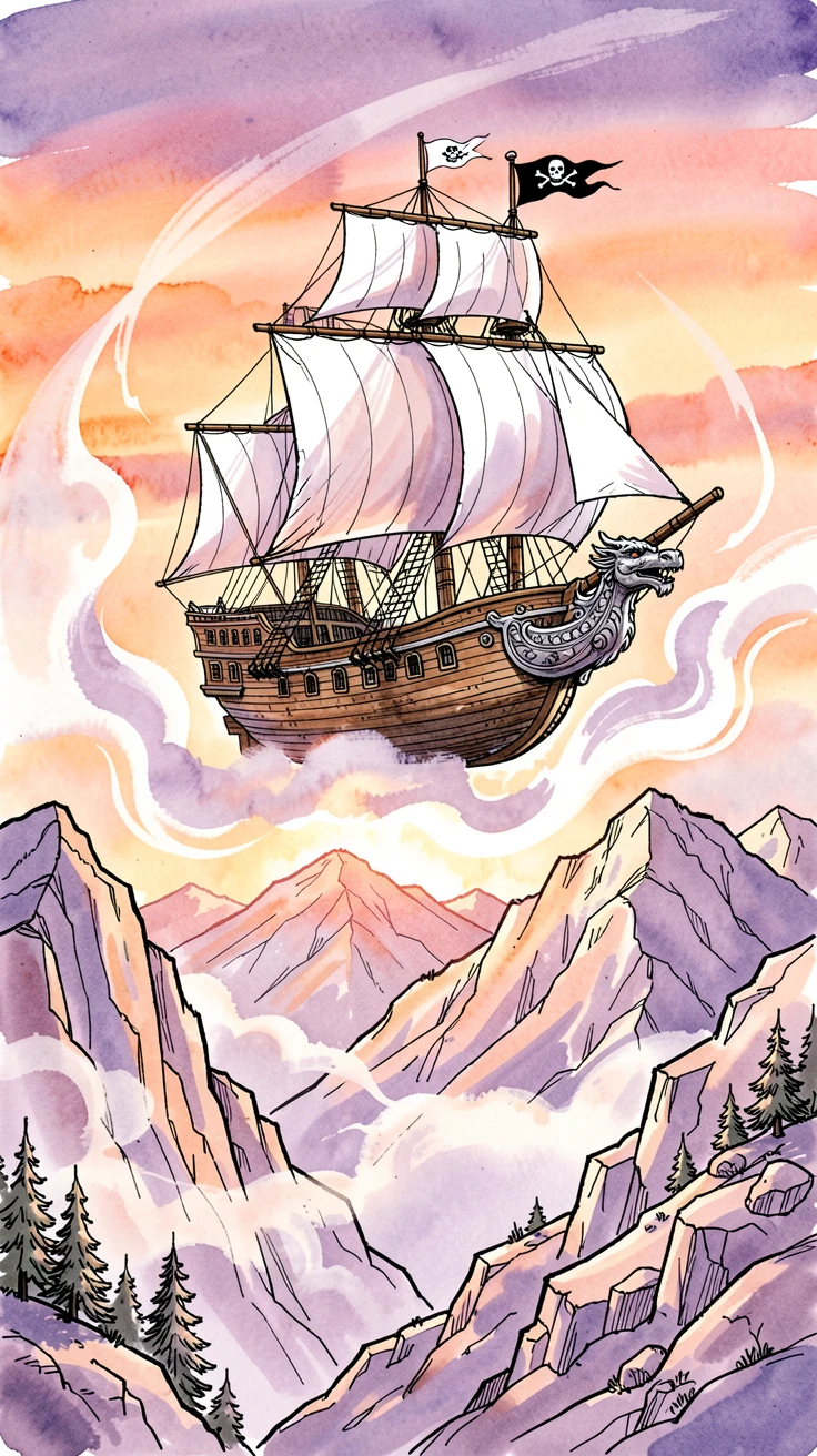 A sky pirate airship drifting above a mountain range at sunset, swirling light and mist adding a dreamlike quality.