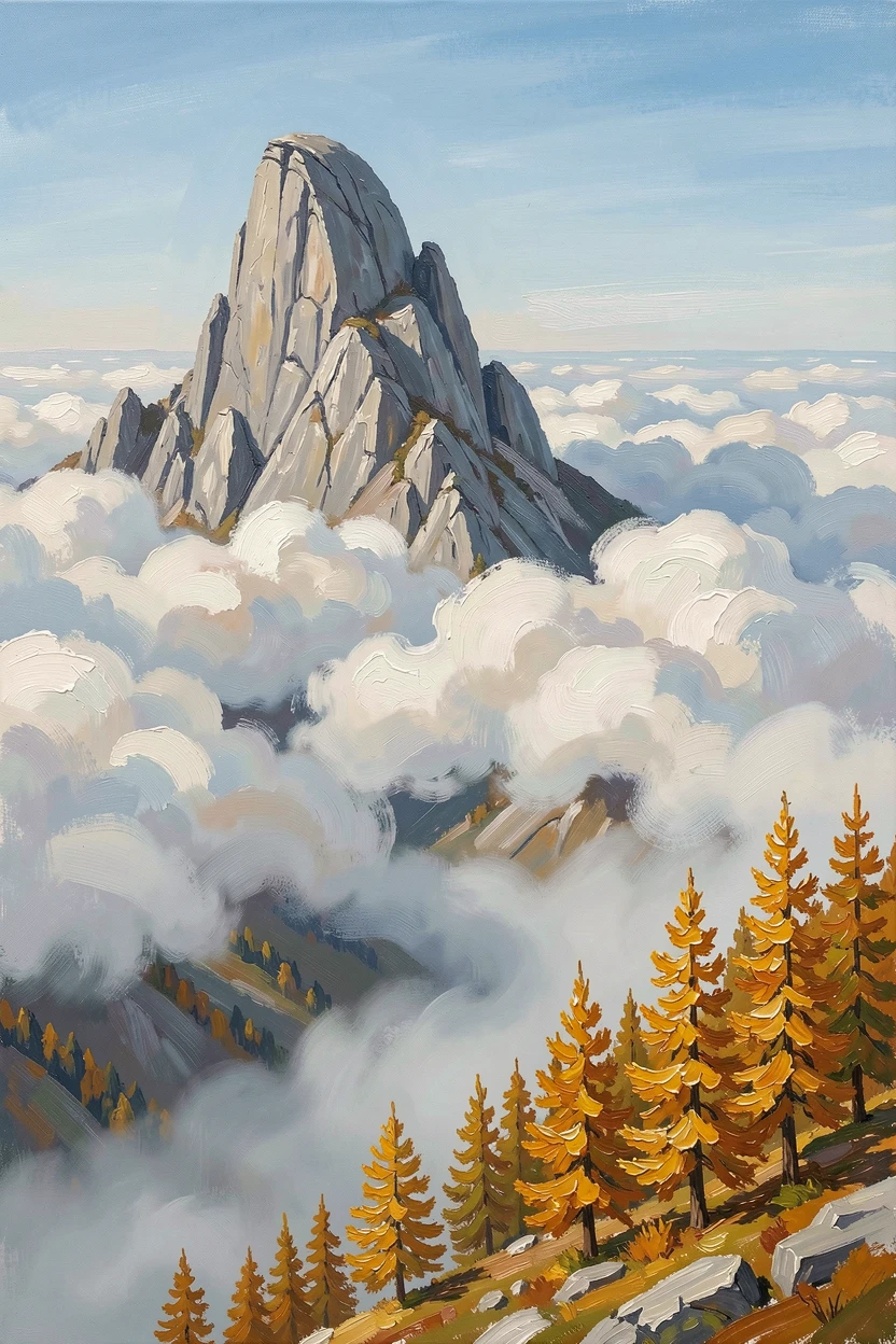On a crisp autumn morning with golden larches far below, a solitary granite peak piercing the clouds, above a rolling sea of clouds, morning mist pooling in the valley far below.